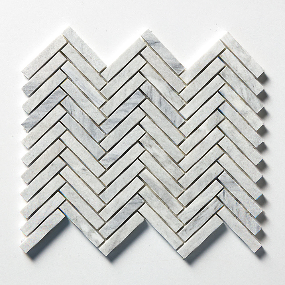 Carrara Blend Honed Herringbone 5/8x3 Marble Mosaics 10 7/16x12 13/16 Marble Honed 12x12 Mosaics
