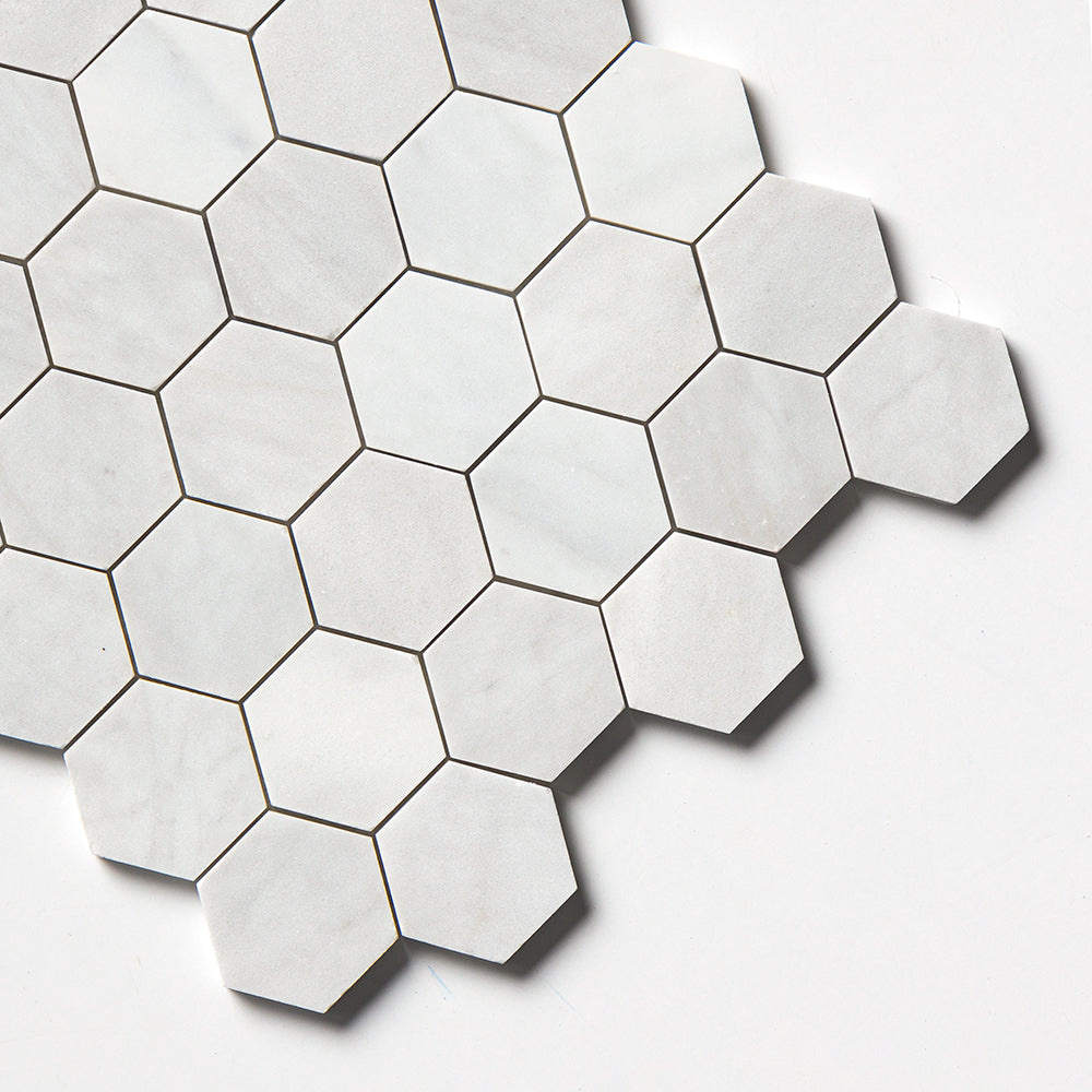 Carrara Blend Honed Hexagon 2 Marble Mosaics 10 3/8x12 Marble Honed 12x12 Mosaics — 3