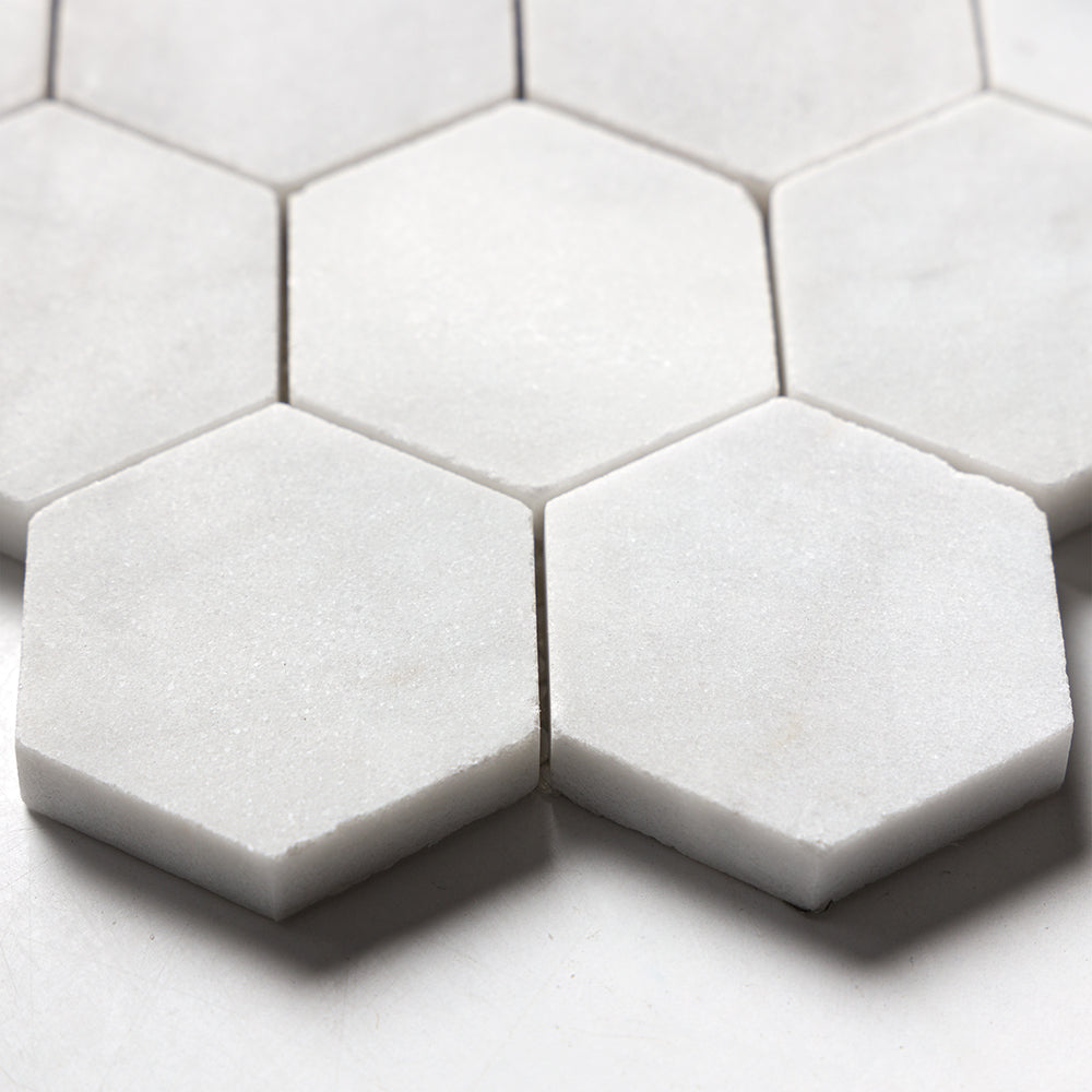 Carrara Blend Honed Hexagon 2 Marble Mosaics 10 3/8x12 Marble Honed 12x12 Mosaics — 4