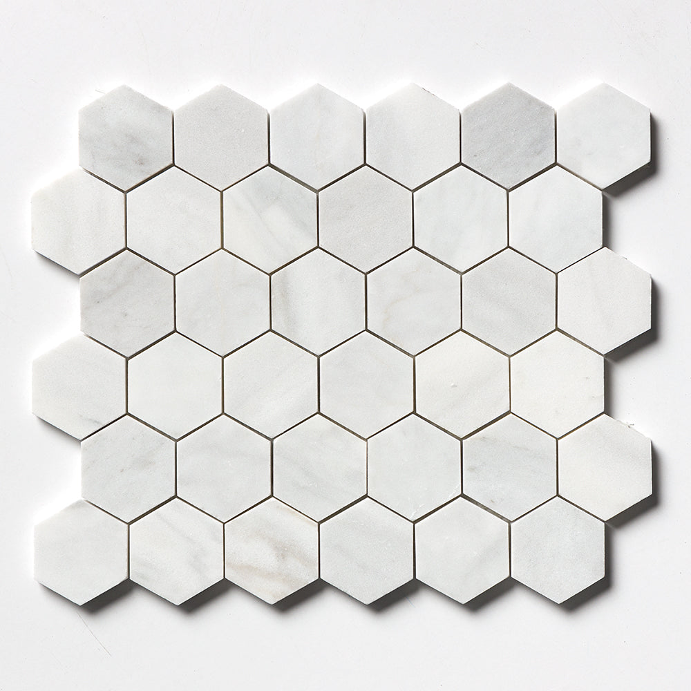 Carrara Blend Honed Hexagon 2 Marble Mosaics 10 3/8x12 Marble Honed 12x12 Mosaics