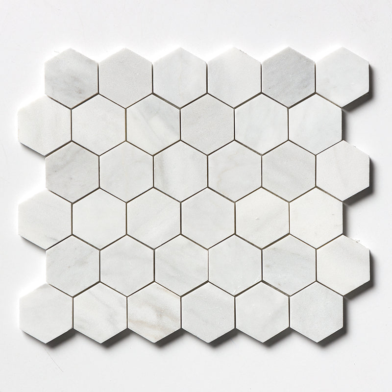Carrara Blend Honed Hexagon 2 Marble Mosaics 10 3/8x12 Marble Honed 12x12 Mosaics