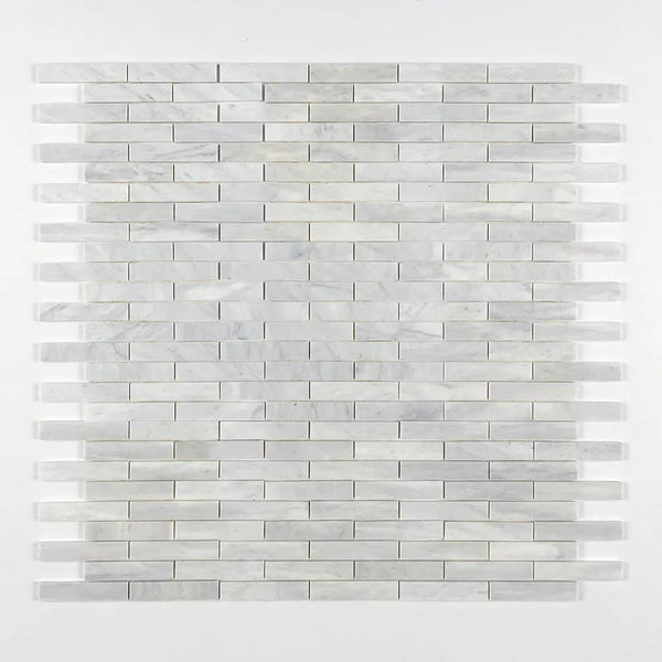 Carrara T Honed 1 1/4x6 Marble Mosaics 12x12 closeup 1