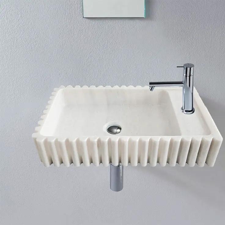 Carrara White Marble Vanity Sink Wall Mount - Fluted 12x20x4 by GobekDesign