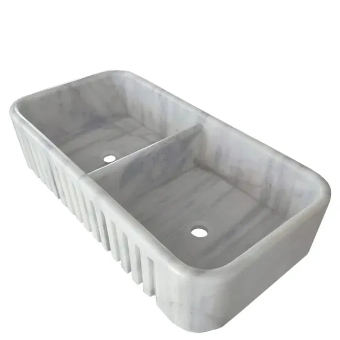 Carrara White Marble Farmhouse Apron Double Kitchen Sink 18x36 by GobekDesign