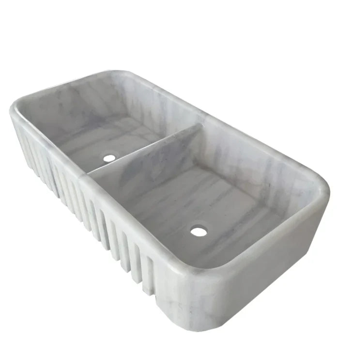 Carrara White Marble Farmhouse Apron Kitchen Double Sink (W)18" (L)36" (H)8" by GobekDesign