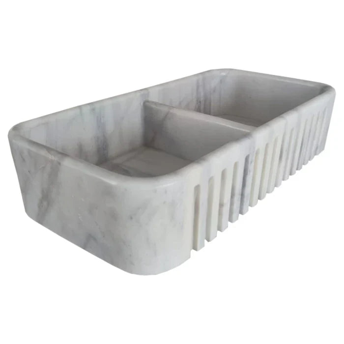 Carrara White Marble Farmhouse Apron Kitchen Double Sink (W)18" (L)36" (H)8" by GobekDesign