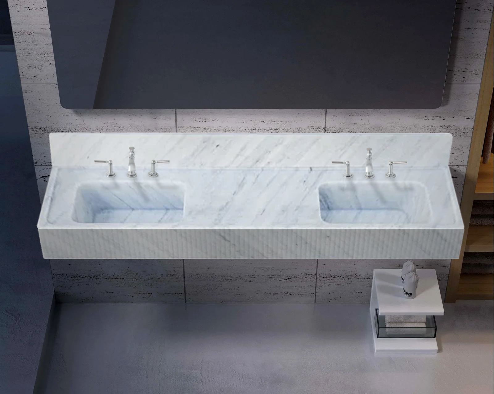 Carrara White Marble Bathroom Double Sink Fluted on Front (W)21" (L)72" (H)8" by GobekDesign