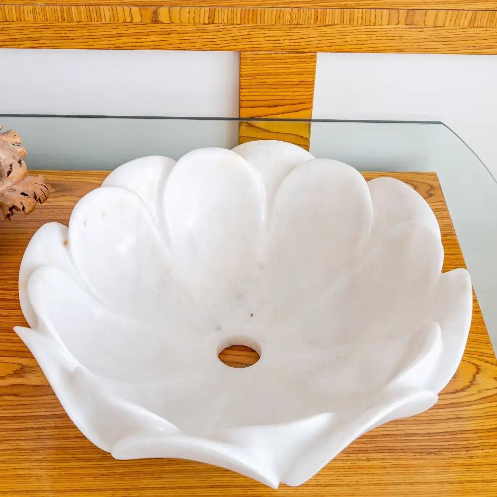 Carrara White Marble Flower Shaped Polished Vessel Sink - 17in by GobekDesign