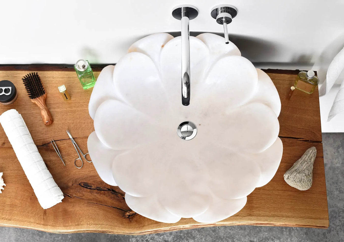 Carrara White Marble Flower Shaped Polished Vessel Sink - 17in by GobekDesign