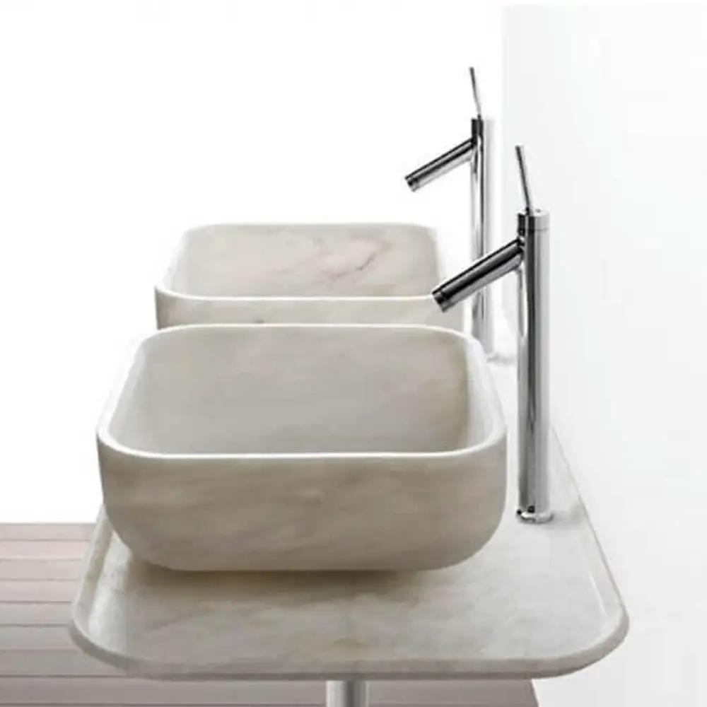 Carrara White Marble Square Vessel Sink Above Counter Handcrafted Polished 17x17x6 by GobekDesign