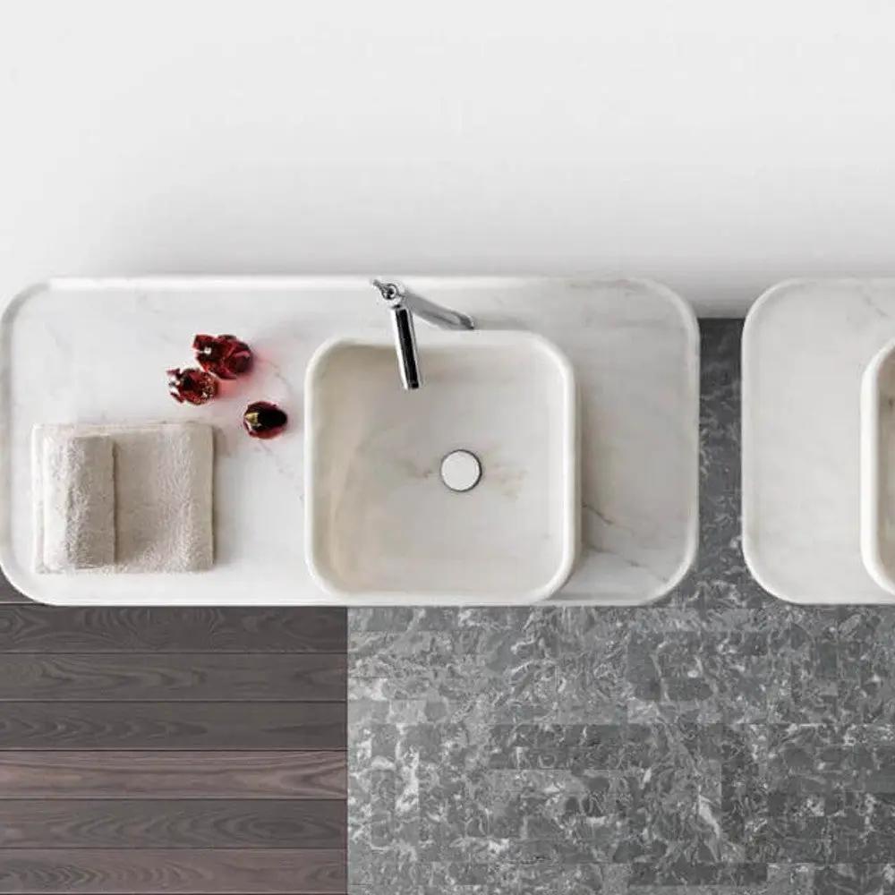 Carrara White Marble Square Vessel Sink Above Counter Handcrafted Polished 17x17x6 by GobekDesign
