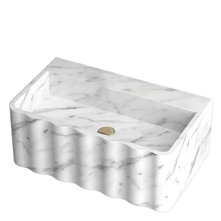 Carrara White Marble Wall-Mount Bathroom Sink Fluted Design 28x16 by GobekDesign