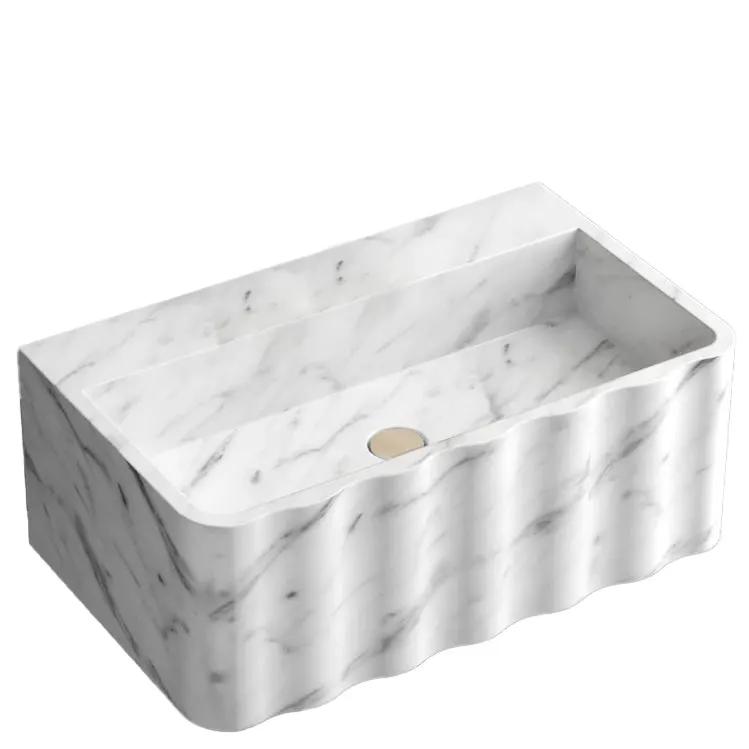 Carrara White Marble Wall-Mount Bathroom Sink Fluted Design 28x16 by GobekDesign