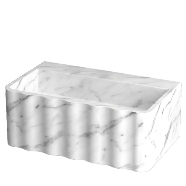 Carrara White Marble Wall-Mount Bathroom Sink Fluted Design 28x16 by GobekDesign