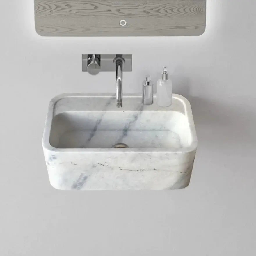 Genuine Carrara White Marble Rectangular Wall-Mount Bathroom Sink 16 x 24 x 12 by GobekDesign