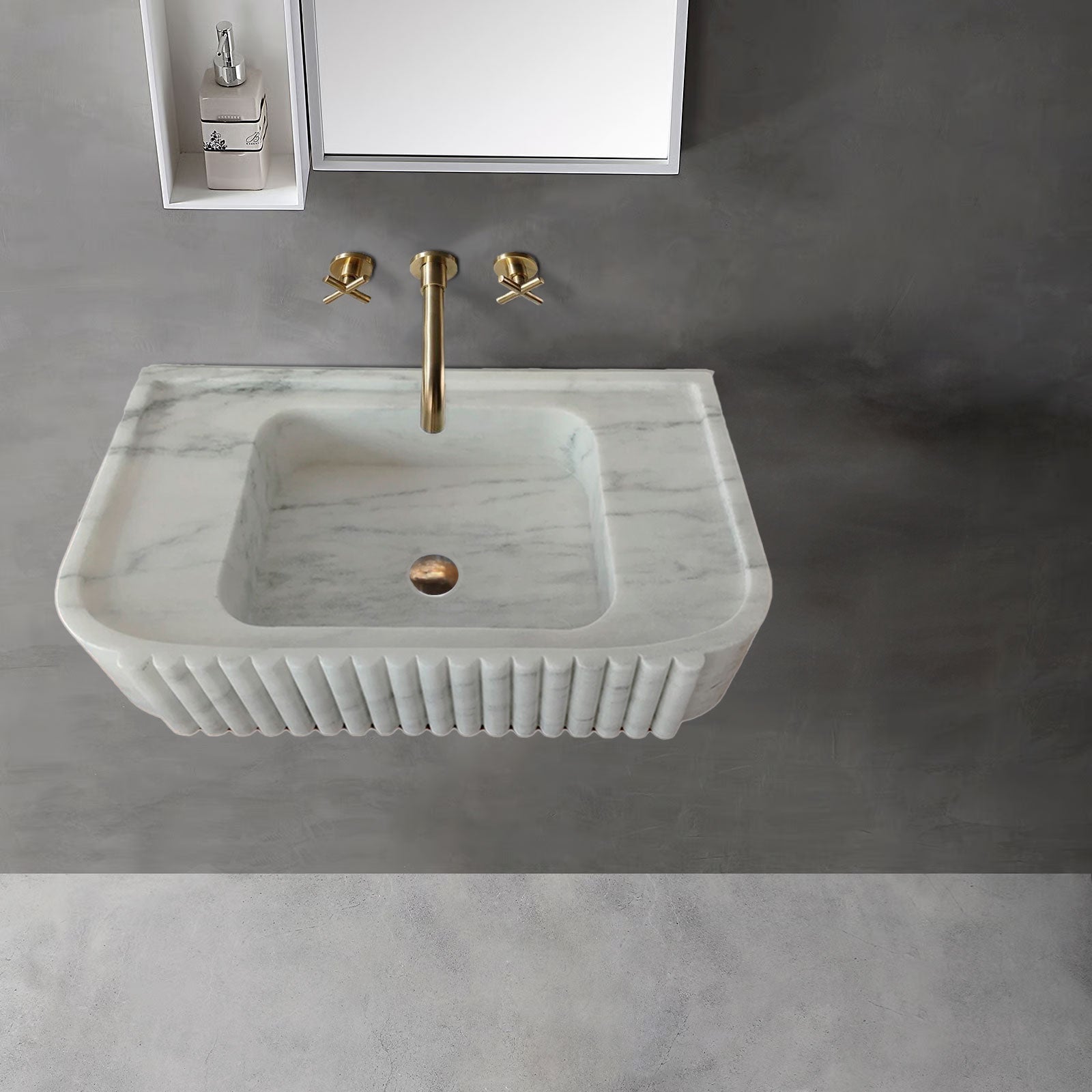 Carrara White Marble Wall-mount Bathroom Vanity Sink Fluted (W)16" (L)28" (H)6" by GobekDesign