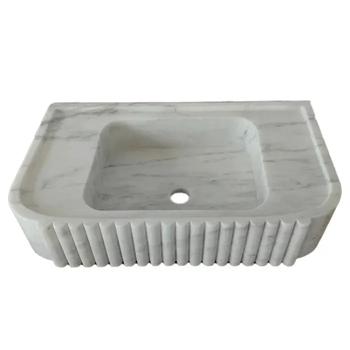 Carrara White Marble Wall-Mount Bathroom Vanity Sink with Fluted Exterior 16x28x6 by GobekDesign