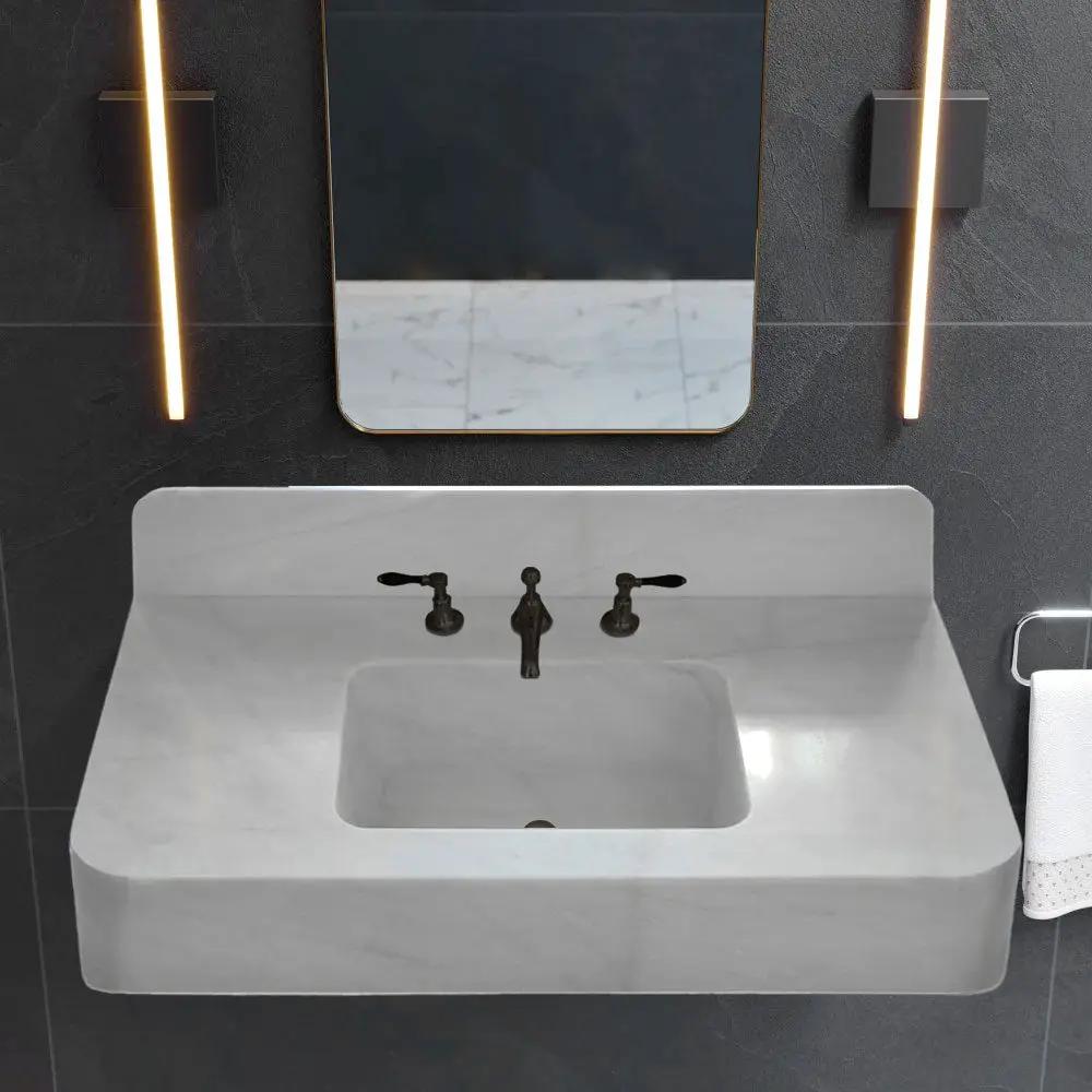 Carrara White Marble Wall-mount Bathroom Sink with Backsplash 18x36 by GobekDesign