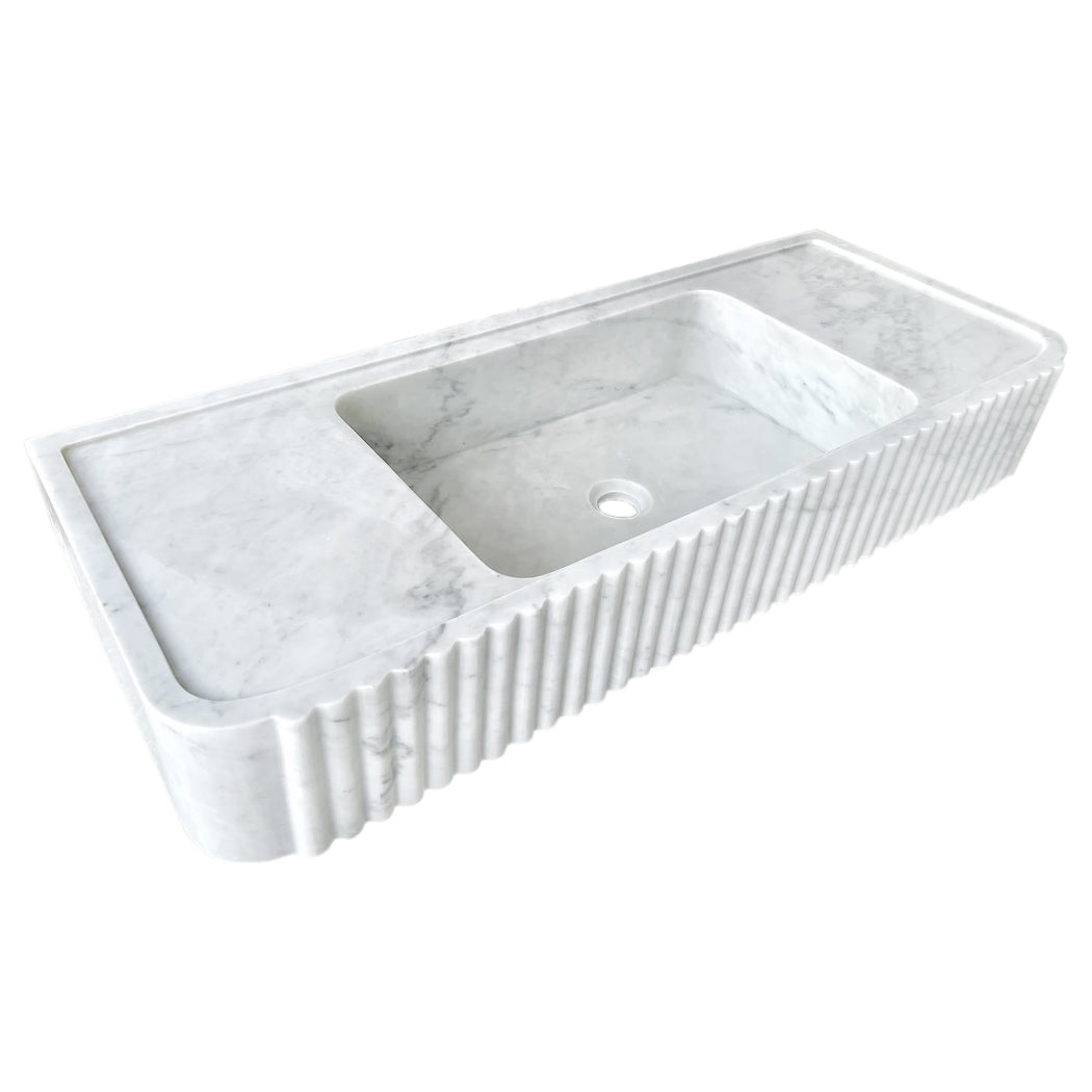 Carrara White Marble Wall-mount Bathroom Vanity Sink Fluted (W)16" (L)40" (H)6" polished angle view