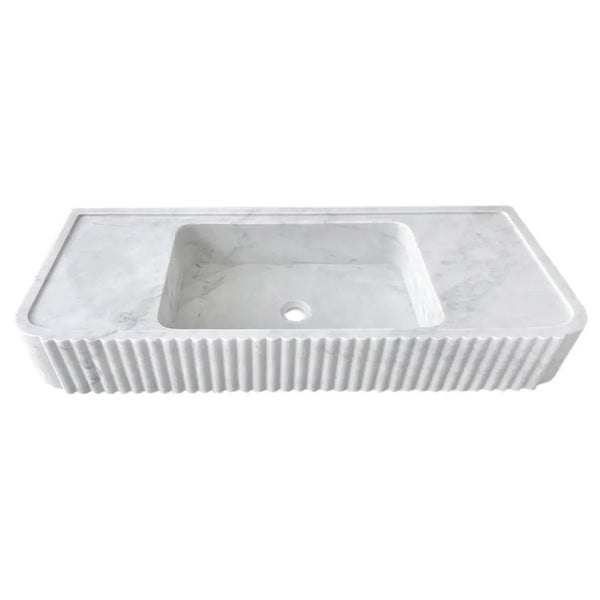 Carrara White Marble Wall Mount Bathroom Vanity Sink Polished Fluted 16 x 40 Inch