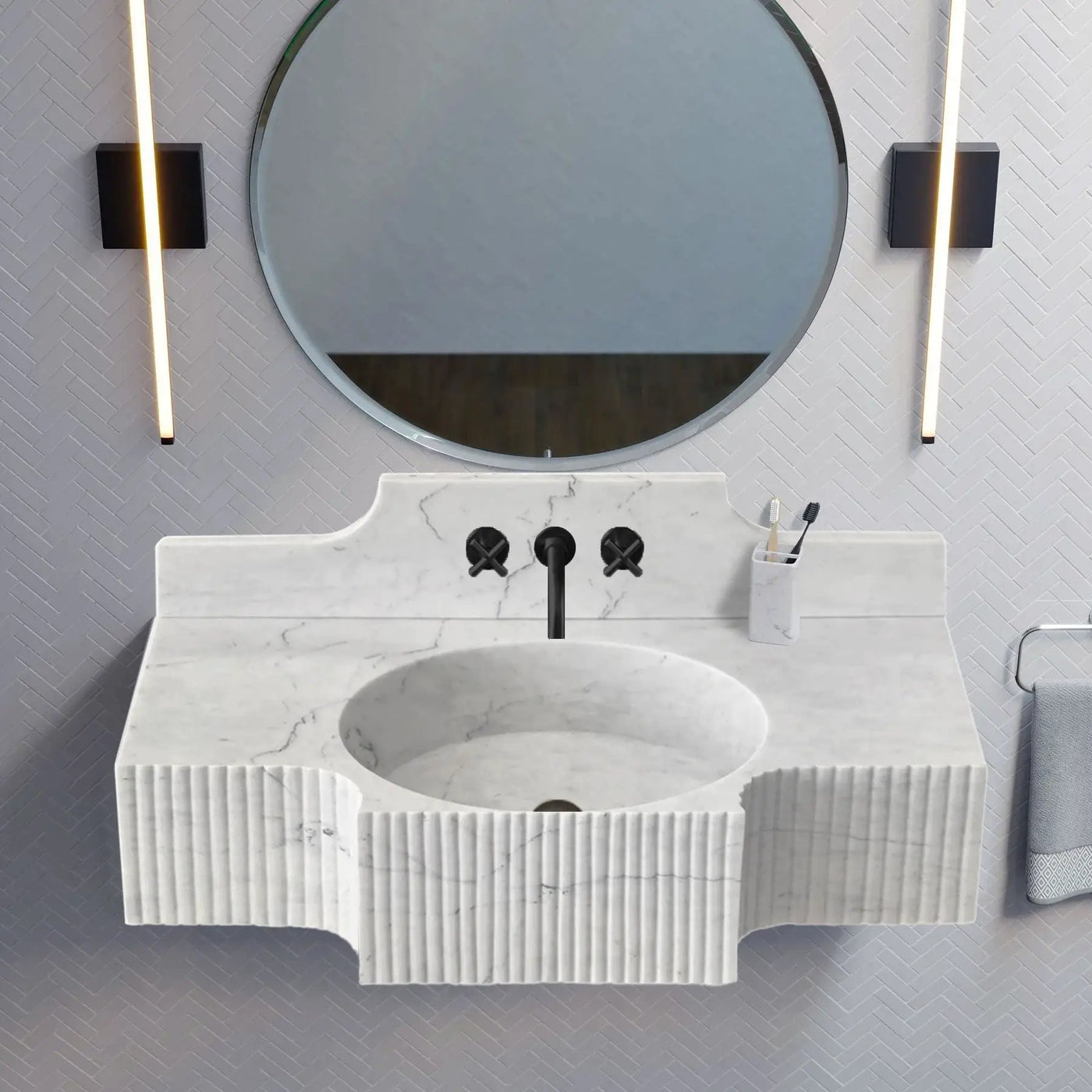 Carrara White Marble Polished Wall Mount Bathroom Sink 48 Inch with 10 Inch Backsplash by GobekDesign