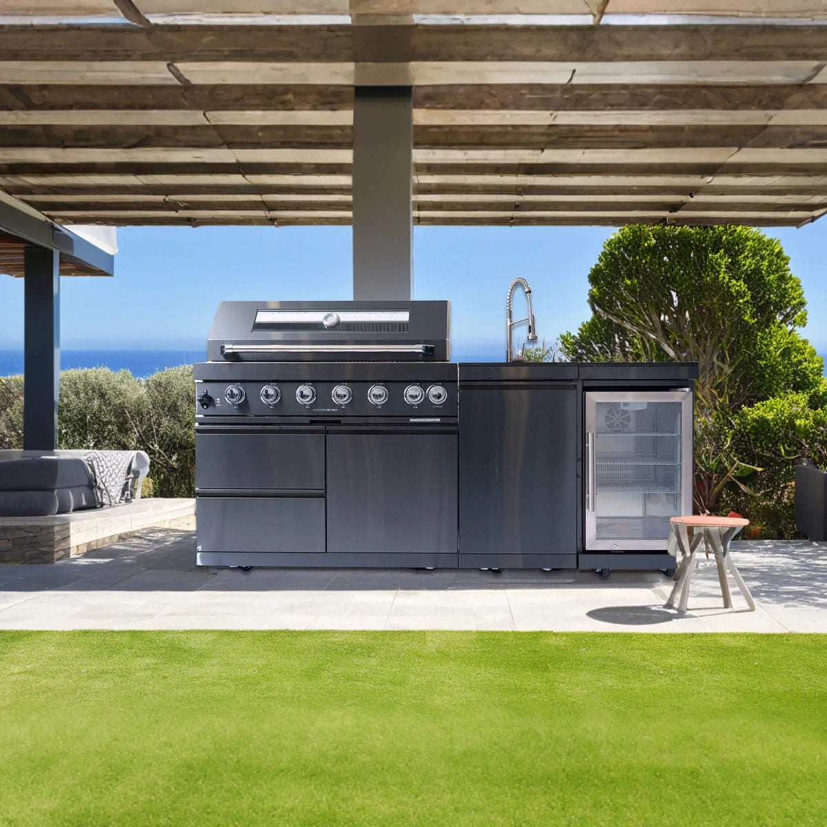 Castelle Flame Avalon 43-Inch 6-Burner 85K BTU Outdoor BBQ Kitchen Grill Island With Wine Fridge, Rotisserie Kit, And Sink (SAK23864) by SAKSBY WHOLESALE