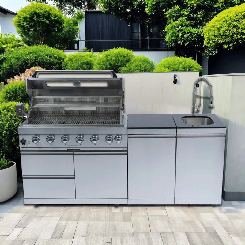 Castelle Flame Valmont 43-Inch 6-Burner 85K BTU Outdoor BBQ Kitchen Grill Island With Granite Countertops, Rotisserie Kit, Cabinets, And Sink (SAK73518) by SAKSBY WHOLESALE