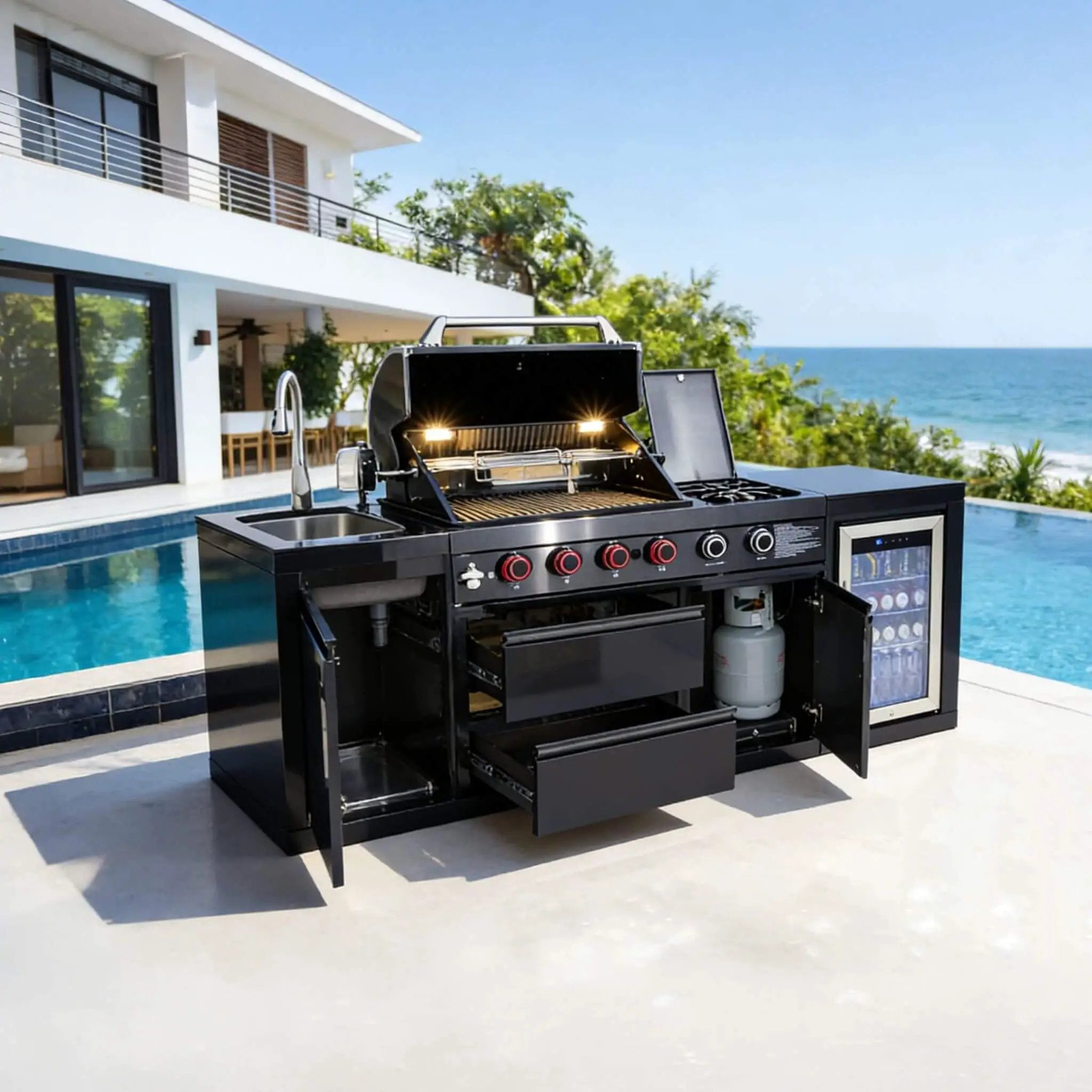 Castelle Flame Monarch 4-Burner 72000 BTU Liquid Propane Grill Island With Fridge And Sink (SAK68127) by SAKSBY WHOLESALE