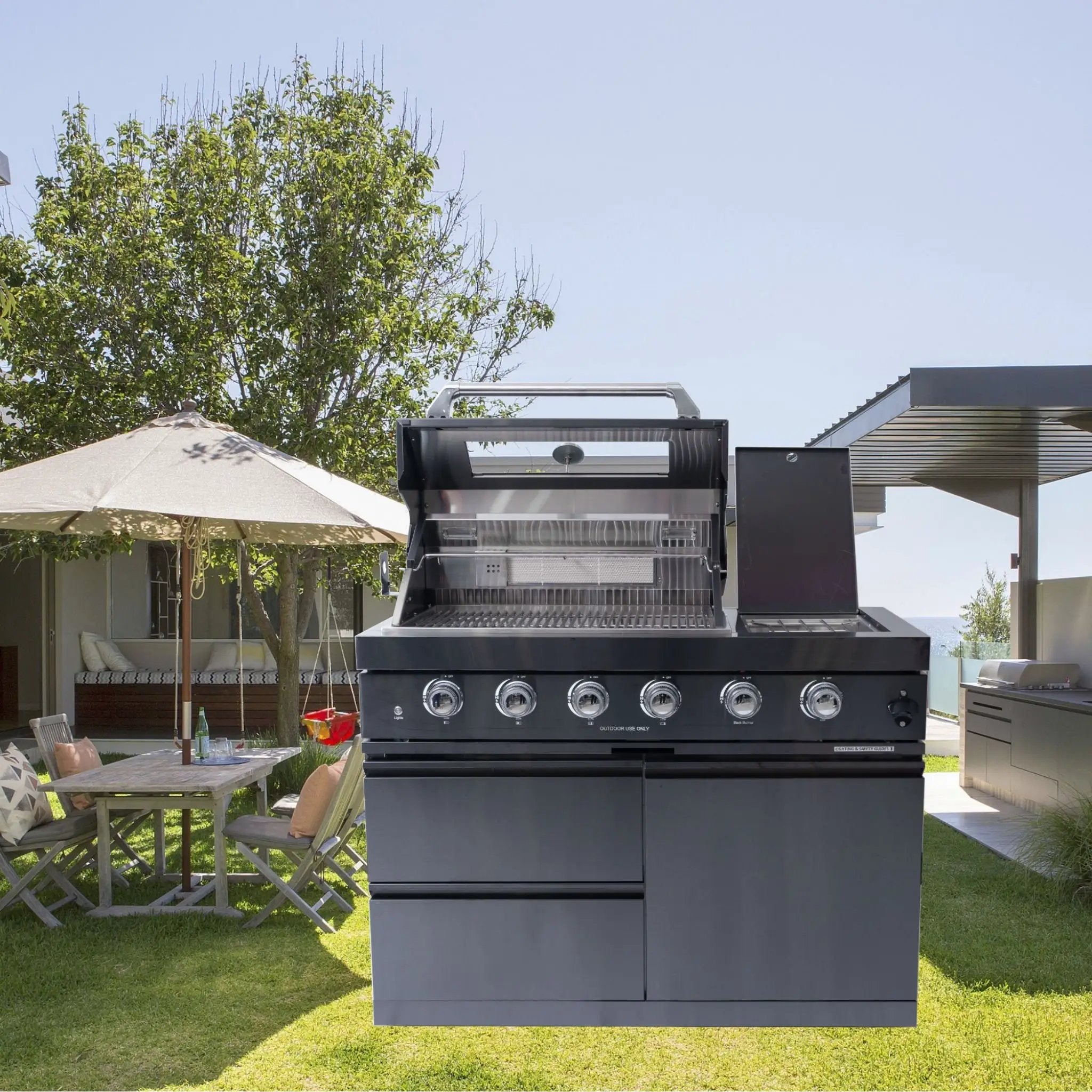 Castelle Flame Ember Premium Black Stainless Steel 4-Burner Liquid Propane Kitchen Grill Island With Rotisserie Kit (SAK48157) by SAKSBY WHOLESALE
