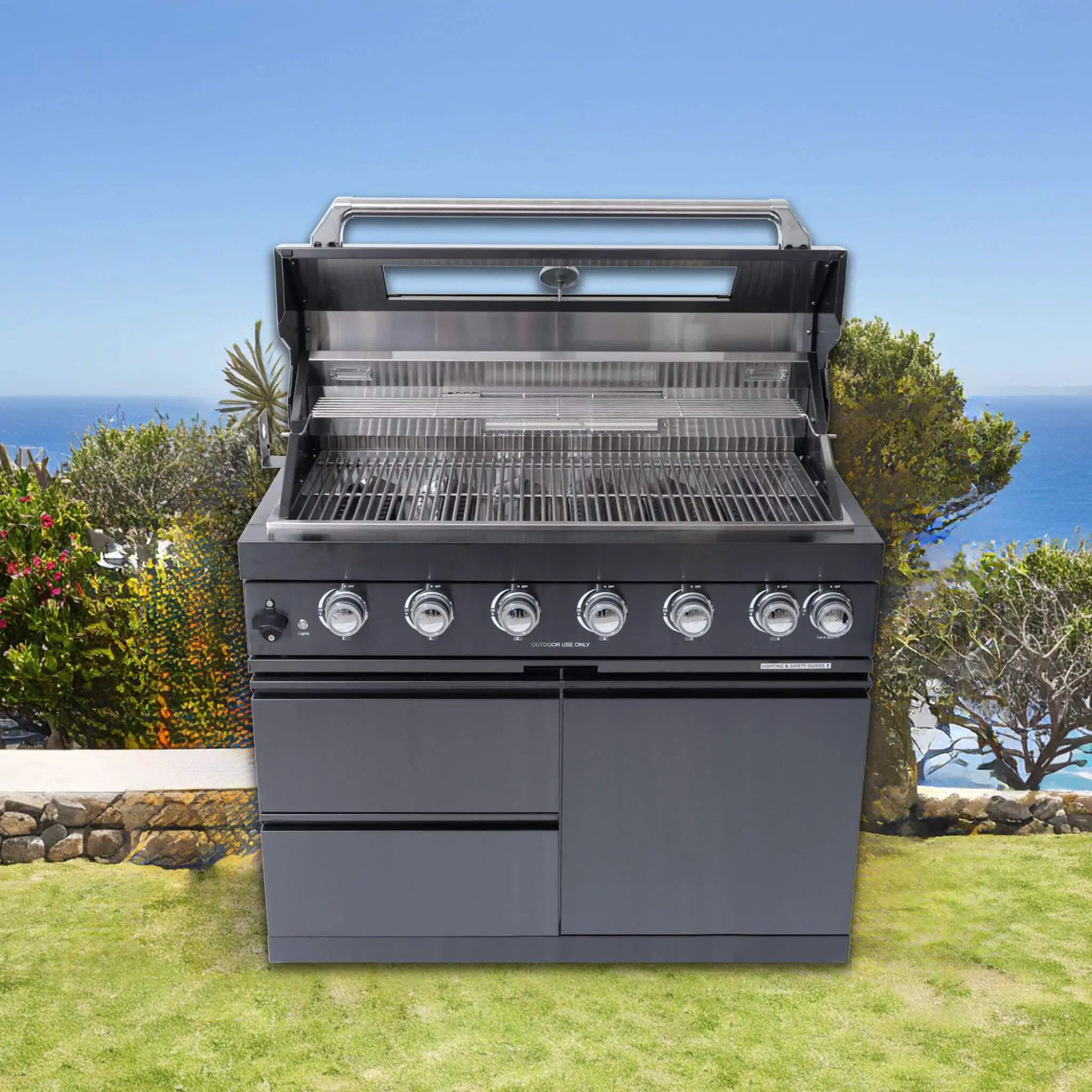 Castelle Flame Inferno Premium Black Stainless Steel 6-Burner Liquid Propane Kitchen Grill Island With Rotisserie Kit (SAK82641) by SAKSBY WHOLESALE