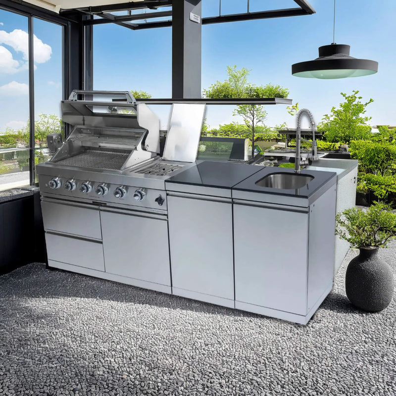 Castelle Flame Aurelia 46-Inch 4-Burner 72K BTU Stainless Steel Outdoor BBQ Kitchen Grill Island With 46-Inch 4-Burner 85K BTU Grill, Rotisserie Kit, And Cabinets (SAK93192) by SAKSBY WHOLESALE