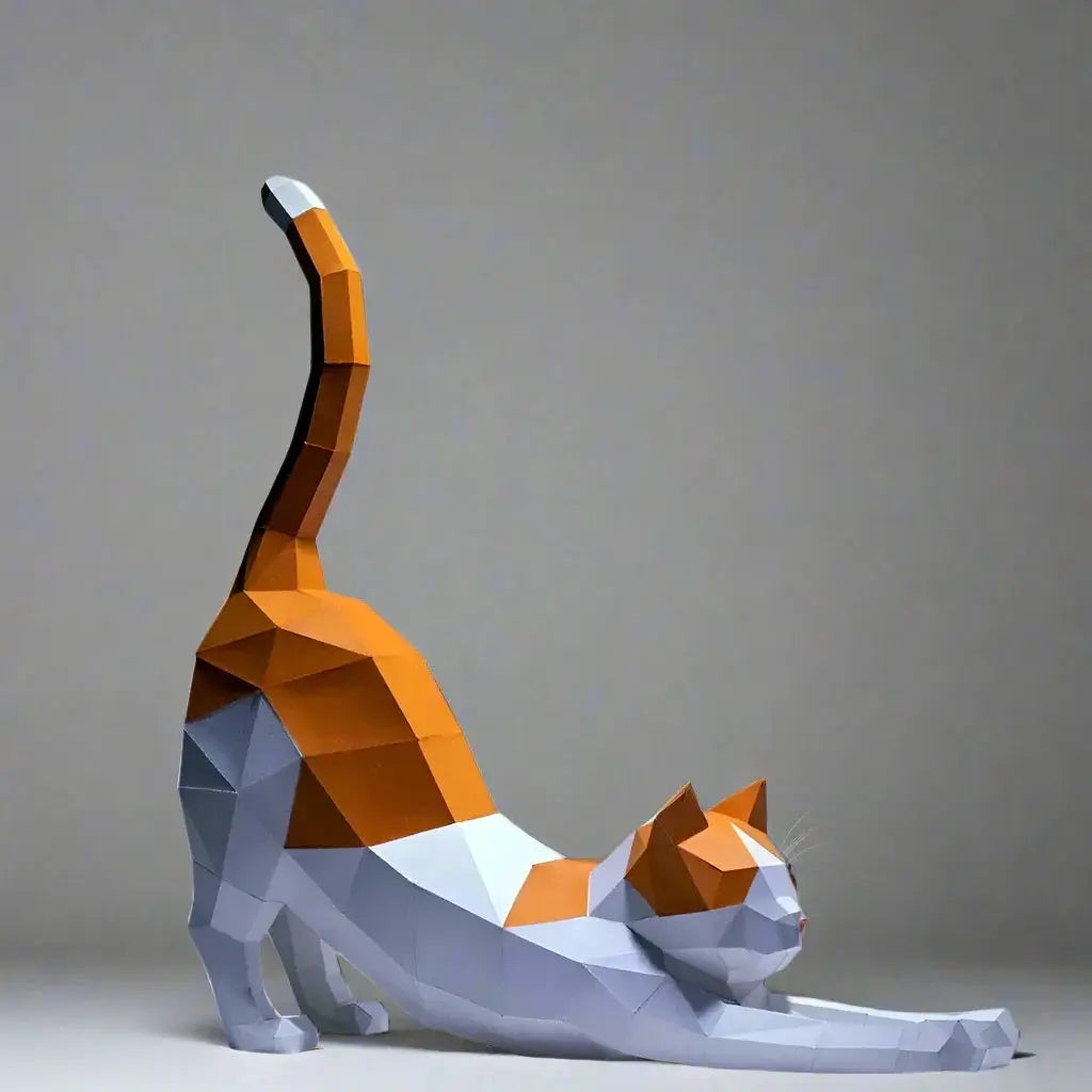 Origami Stretching Cat Figurine White and Orange Decor for Cat Lovers by House Of Avana