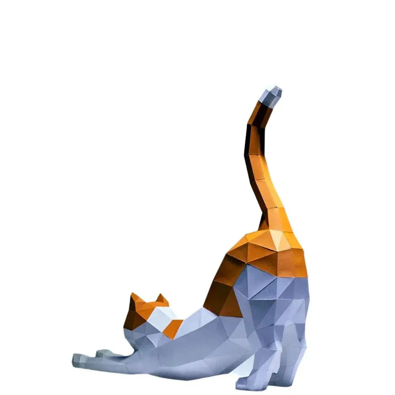 Origami Stretching Cat Figurine White and Orange Decor for Cat Lovers by House Of Avana