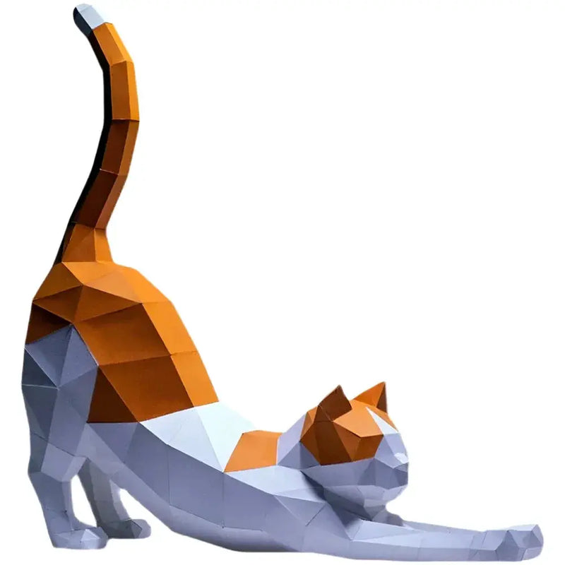 Origami Stretching Cat Figurine White and Orange Decor for Cat Lovers by House Of Avana