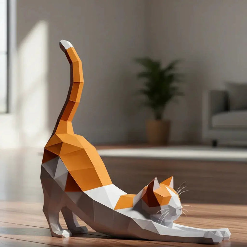Origami Stretching Cat Figurine White and Orange Decor for Cat Lovers by House Of Avana