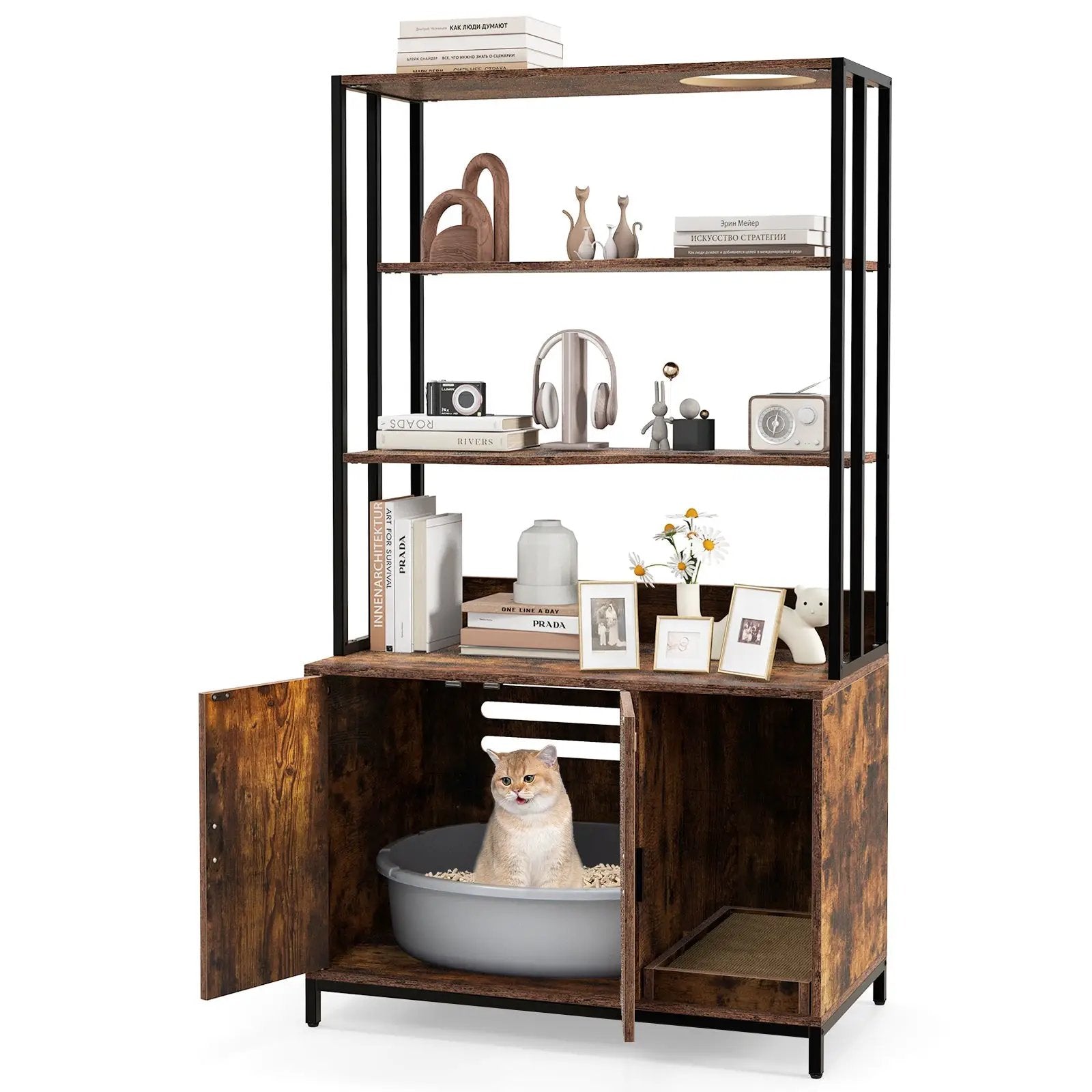 Cat Litter Box Enclosure with Storage and 3-tier Shelves by DirectDeals