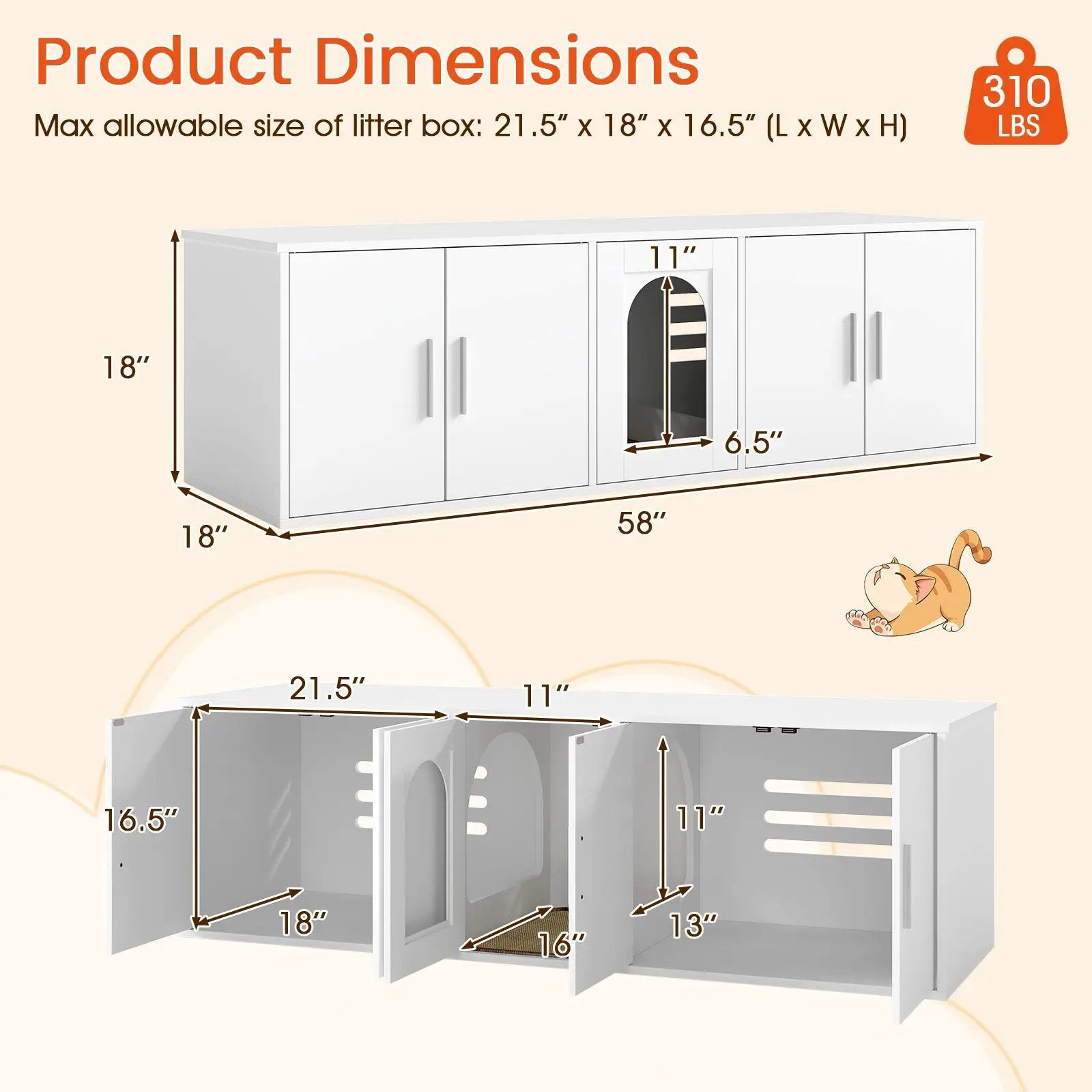 Cat Litter Box Enclosure for 2 Cats with Double Rooms and Sisal Scratching Mat-White by DirectDeals