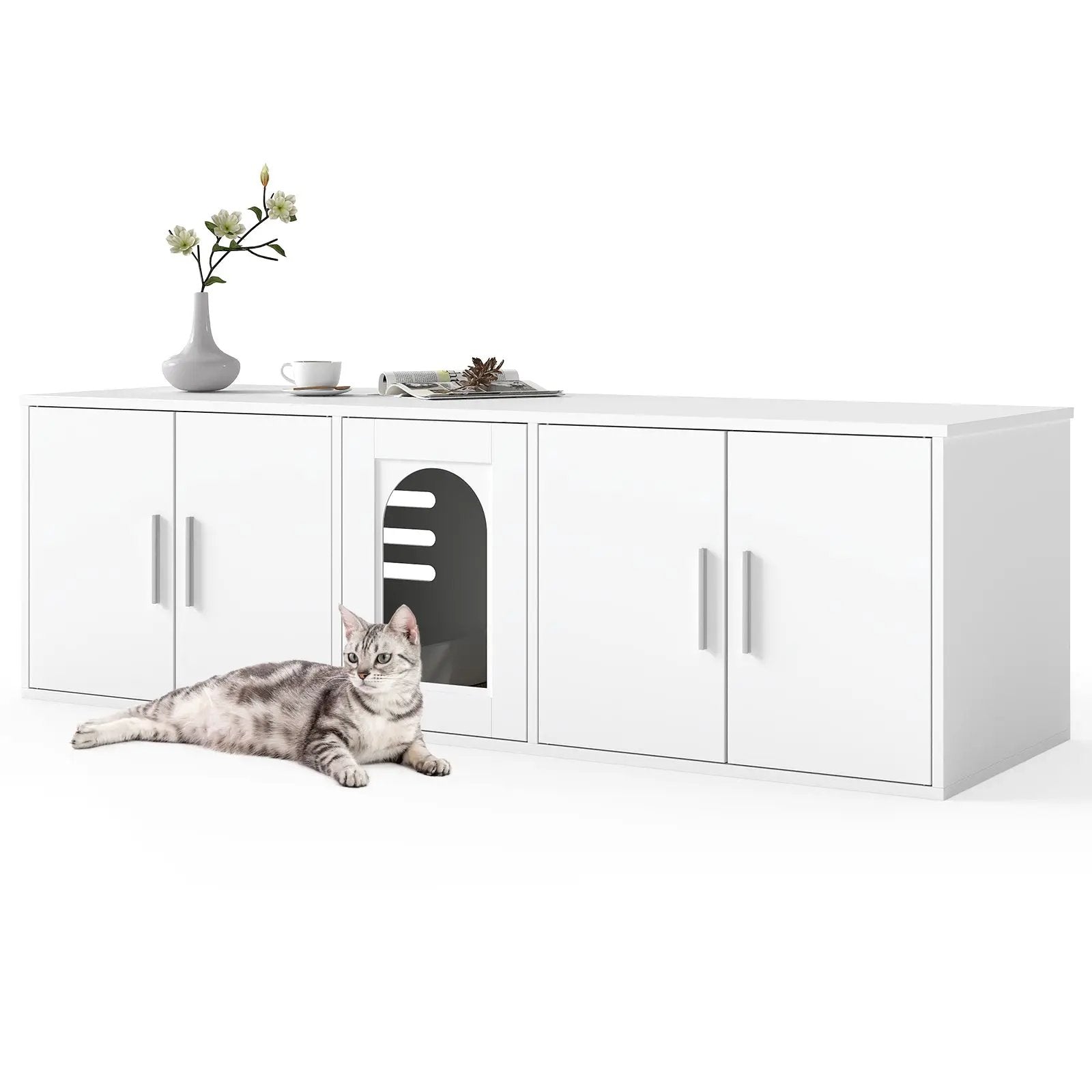 Cat Litter Box Enclosure for 2 Cats with Double Rooms and Sisal Scratching Mat-White by DirectDeals