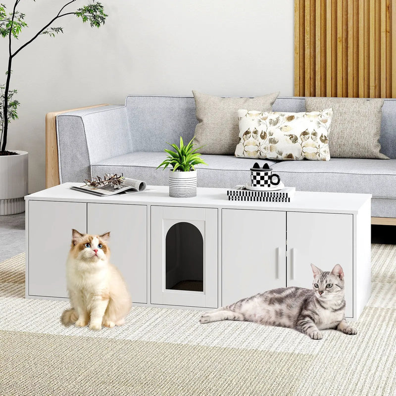 Cat Litter Box Enclosure for 2 Cats with Double Rooms and Sisal Scratching Mat-White by DirectDeals