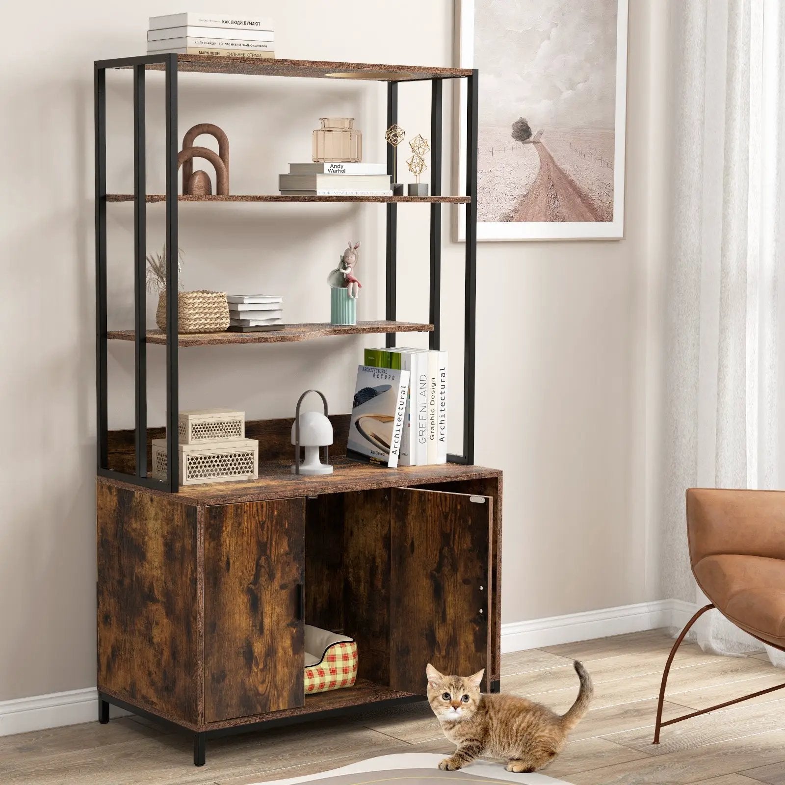 Cat Litter Box Enclosure with Storage and 3-tier Shelves by DirectDeals