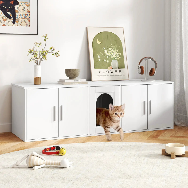Cat Litter Box Enclosure for 2 Cats with Double Rooms and Sisal Scratching Mat-White by DirectDeals