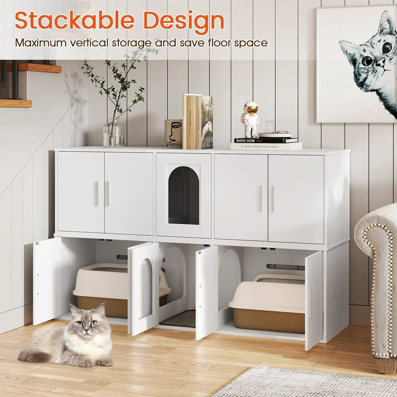 Cat Litter Box Enclosure for 2 Cats with Double Rooms and Sisal Scratching Mat-White by DirectDeals