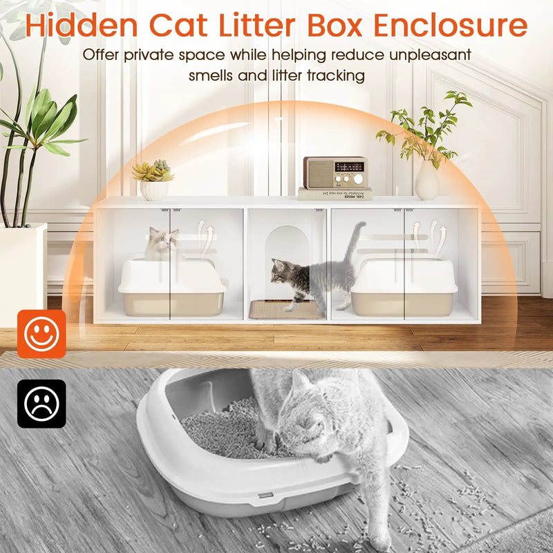 Cat Litter Box Enclosure for 2 Cats with Double Rooms and Sisal Scratching Mat-White by DirectDeals