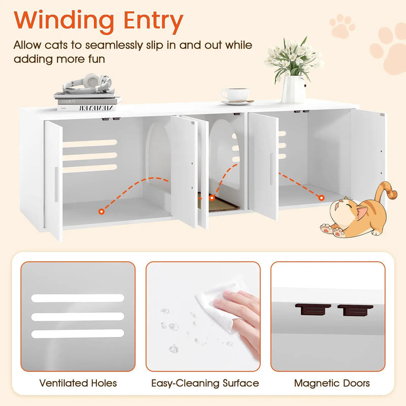 Cat Litter Box Enclosure for 2 Cats with Double Rooms and Sisal Scratching Mat-White by DirectDeals