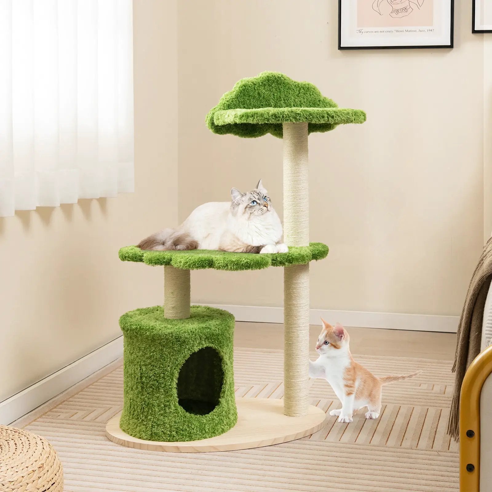 38 Inch Cute Cat Tree for Indoor Cats with Fully Wrapped Sisal Scratching Posts-Green by DirectDeals