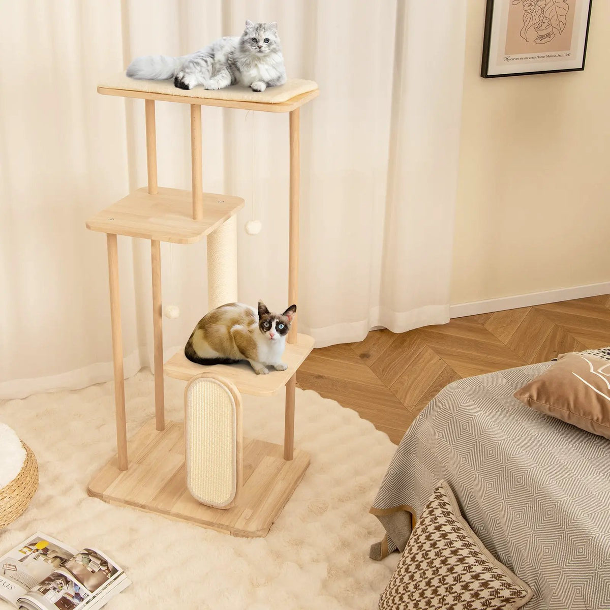 Wooden Multi-level Modern Cat Tower with Scratching Board and Post, photo 2 of 9