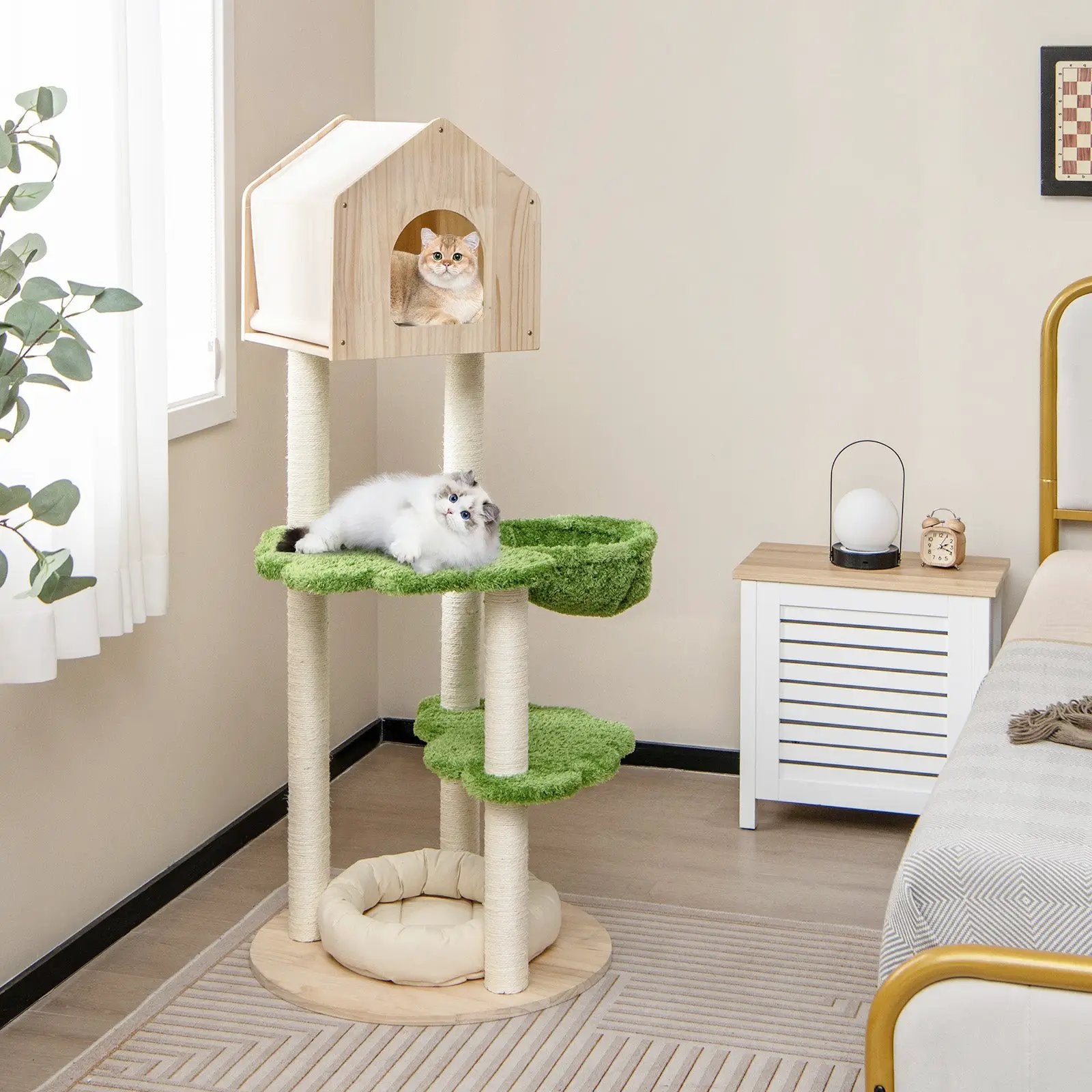 55 Inch Tall Cat Climbing Stand with Sisal Scratching Posts and Soft Cat Bed for Indoor Kittens-Green by DirectDeals