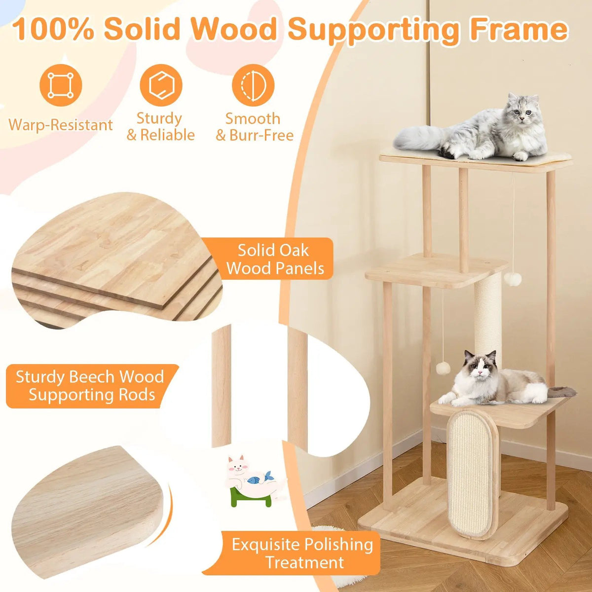 Wooden Multi-level Modern Cat Tower with Scratching Board and Post, photo 6 of 9