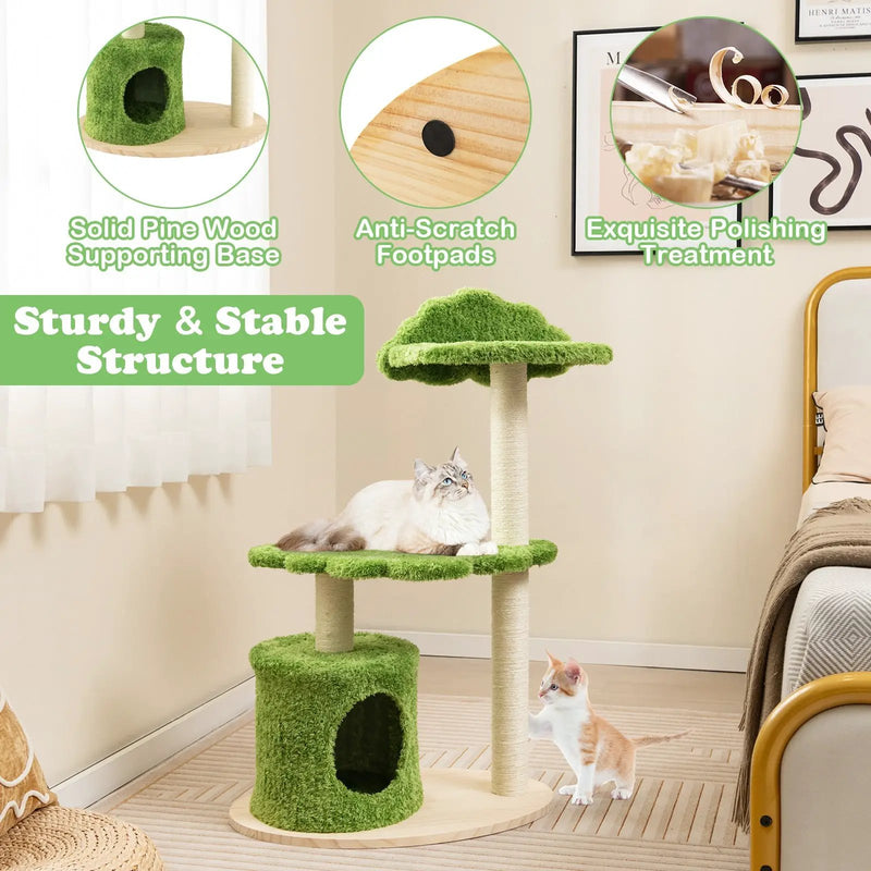 38 Inch Cute Cat Tree for Indoor Cats with Fully Wrapped Sisal Scratching Posts-Green by DirectDeals