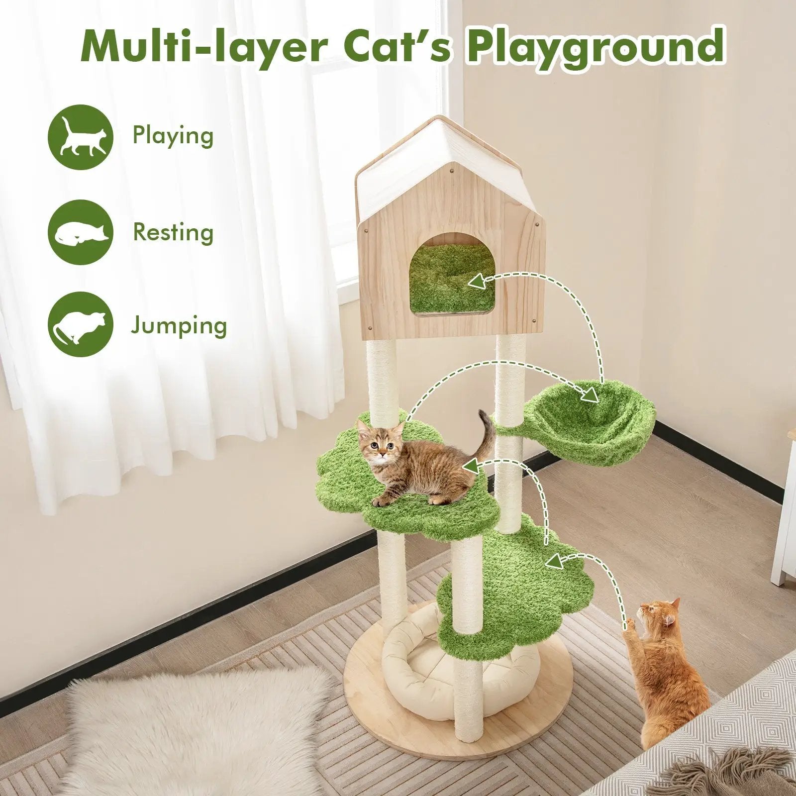 55 Inch Tall Cat Climbing Stand with Sisal Scratching Posts and Soft Cat Bed for Indoor Kittens-Green by DirectDeals